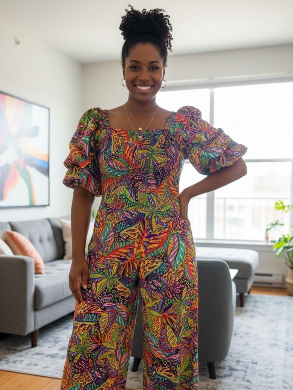 Live 4 Truth Multicolor Leaf-Print Puff-Sleeve Jumpsuit